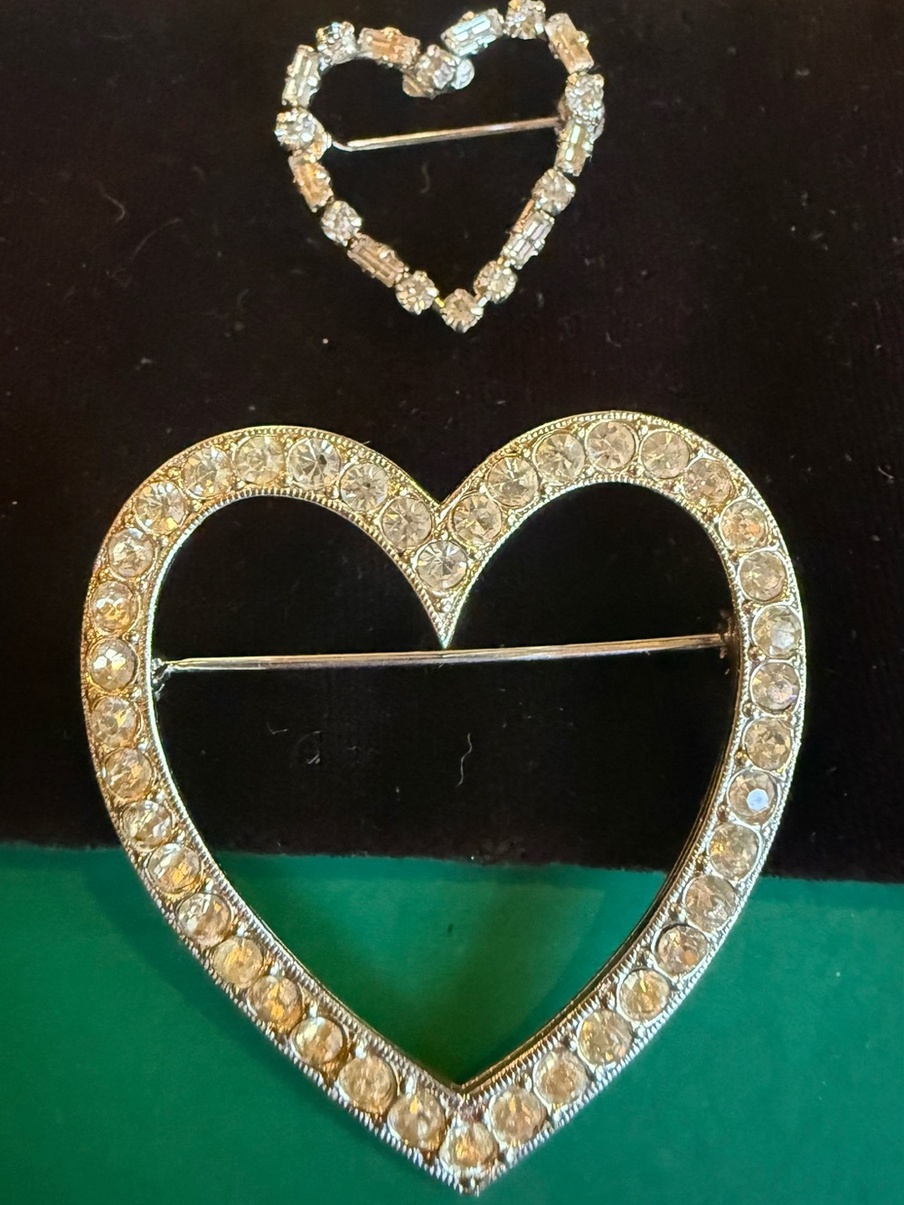 Vintage Silver Tone Rhinestone Heart Brooch Set Made in Austria Open Heart Pins